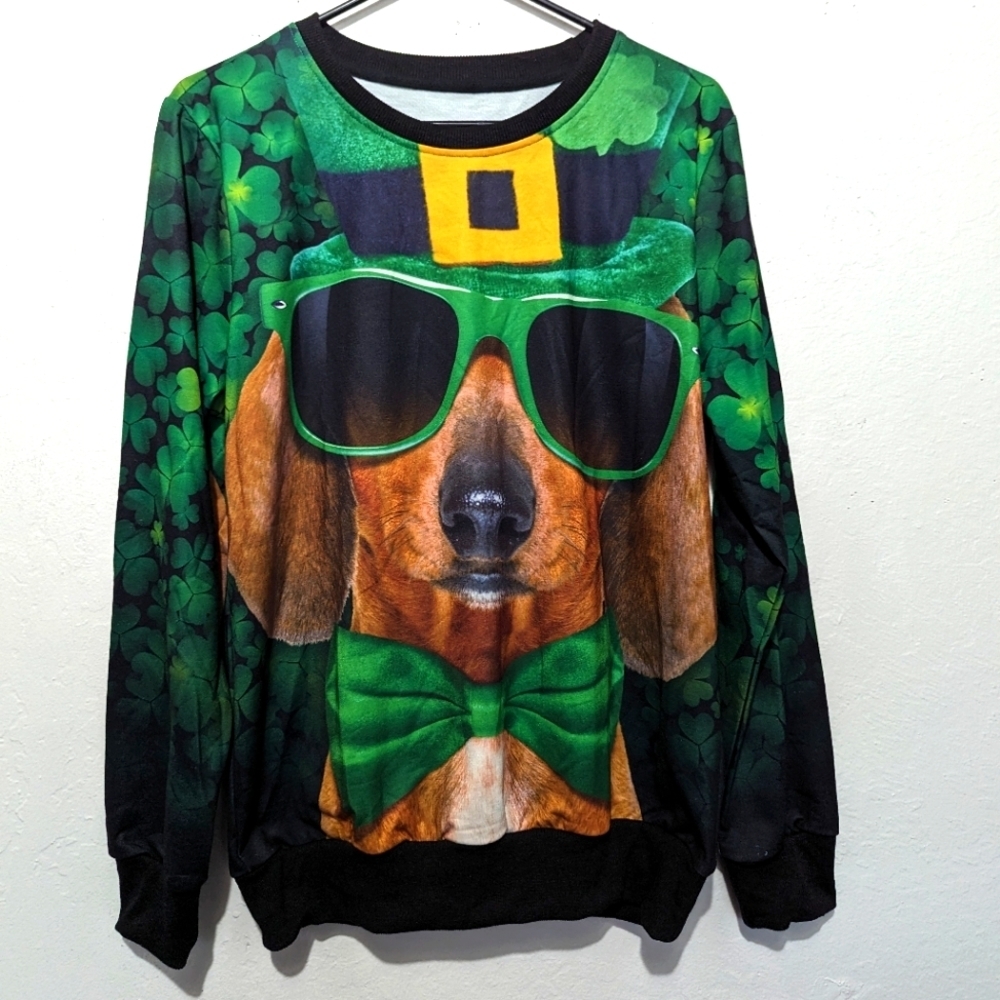 St. Patrick's Day Sweatshirt Funny Dog With Glasses Men's Medium NWOT